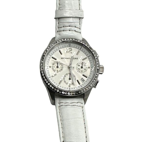 Michael Kors Women's Wristwatch Embossed Genuine Leather Stainless Steel White - Picture 1 of 9